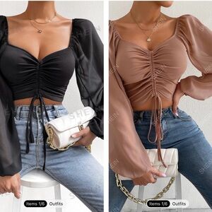 2 SHEIN Privé Drawstring Lantern Sleeve Crop Top in dusty pink and black